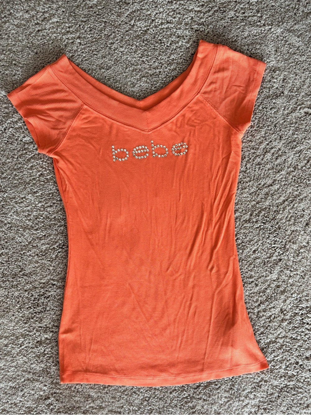 bebe Peach V-Neck Short Sleeve Logo Top